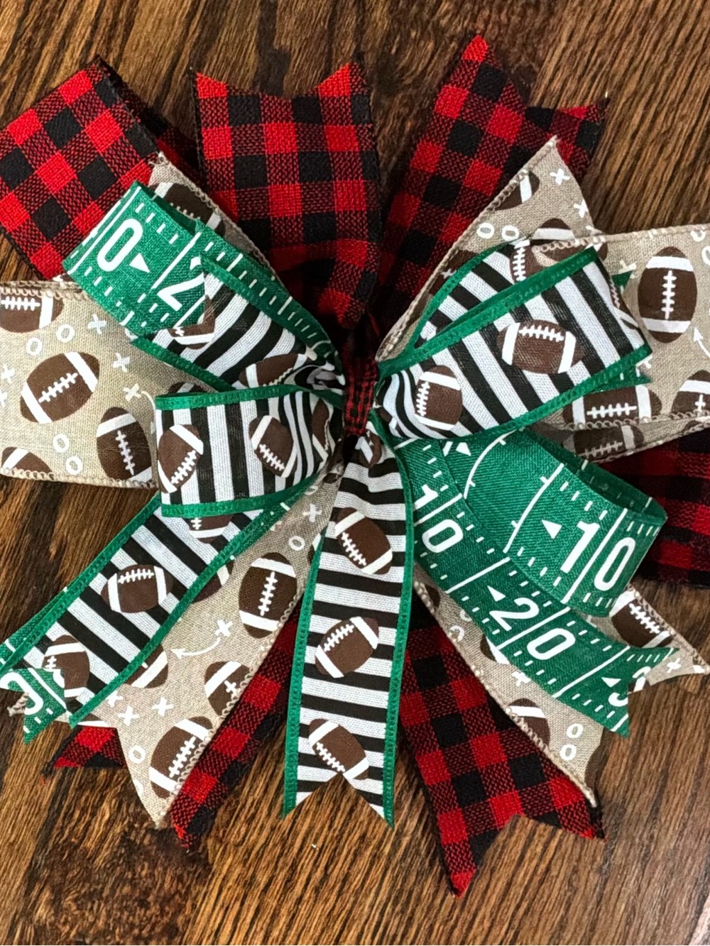 Game Day Layered Ribbon Bow - Green, Red, Brown Football Print